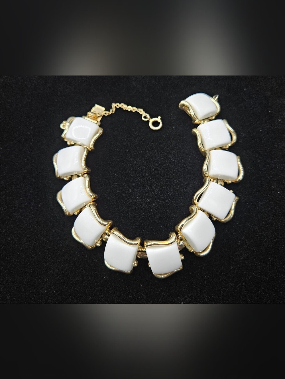 Vintage Coro gold Chunky White Glass Bracelet. Late 70’s Has a Safety Chain mid-